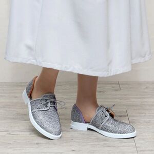 Camper Gray Textured Lace-Up Oxfords with Purple and Tan Trim